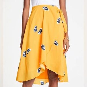 NWOT Ann Taylor Golden Yellow Floral Faux Wrap Midi Skirt